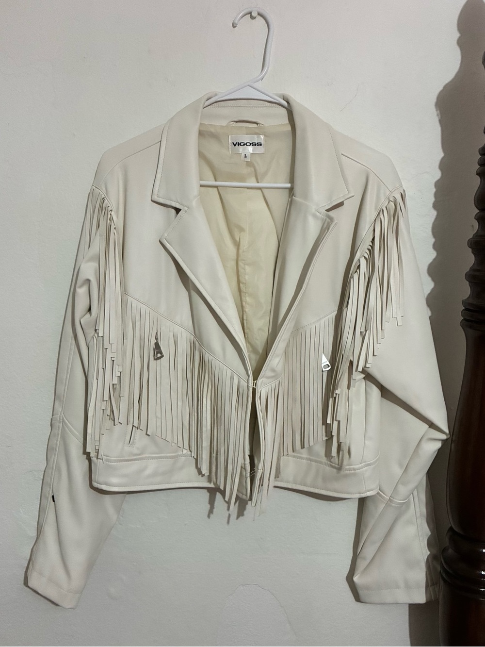 Vigoss Cream Fringe Leather-Style Moto Jacket